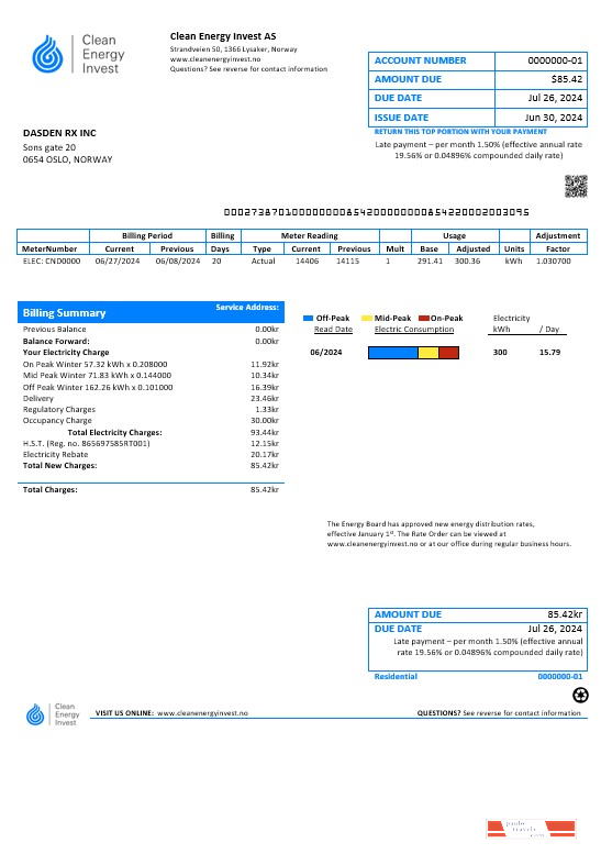 Norway Clean Energy Invest AS business  utility bill template in Word and PDF formats, good for address prove